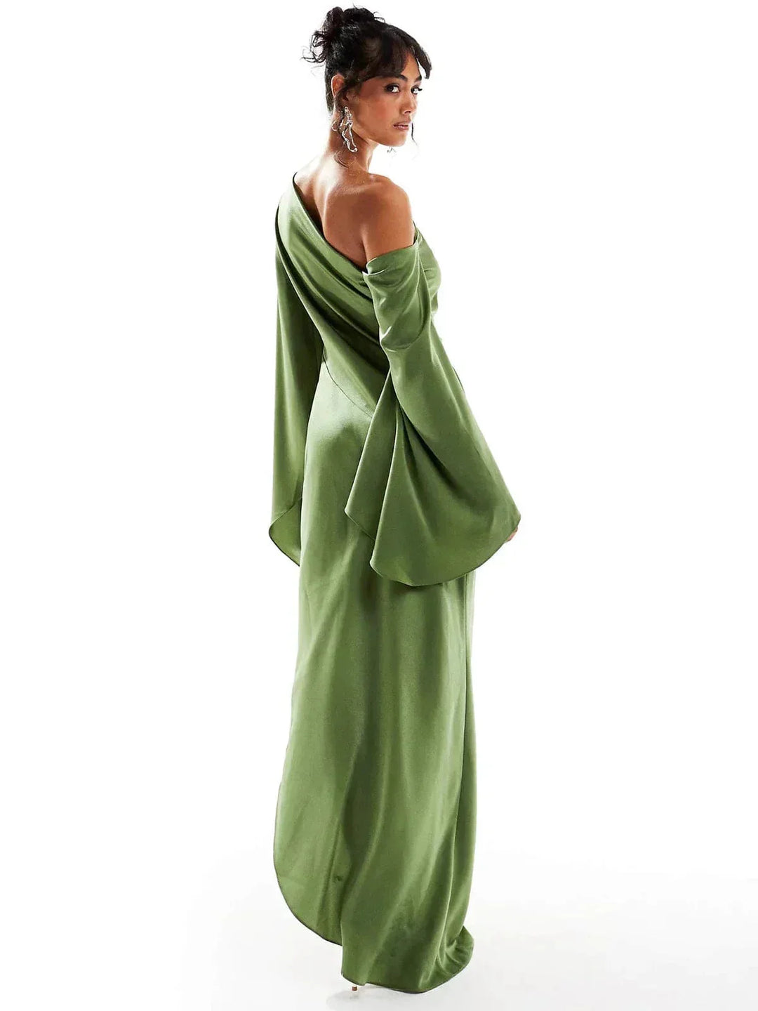 Olive off-shoulder dress with side slit, made from comfortable fabric, perfect for casual chic looks.
