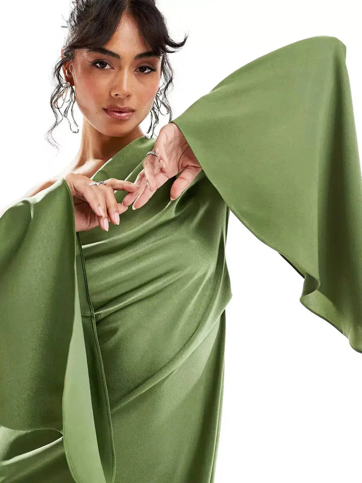 Olive off-shoulder dress with side slit, made from soft cotton blend.