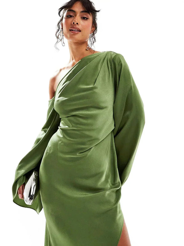 Olive off-shoulder dress with side slit, perfect for summer days.