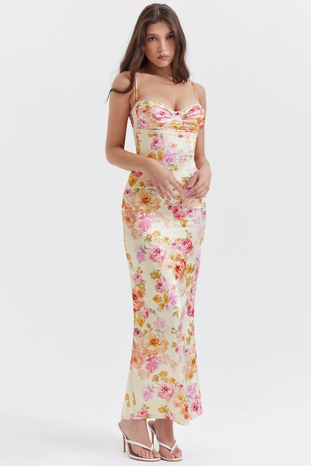 "Yellow floral print fitted maxi dress with a flattering silhouette, perfect for casual outings and special occasions."