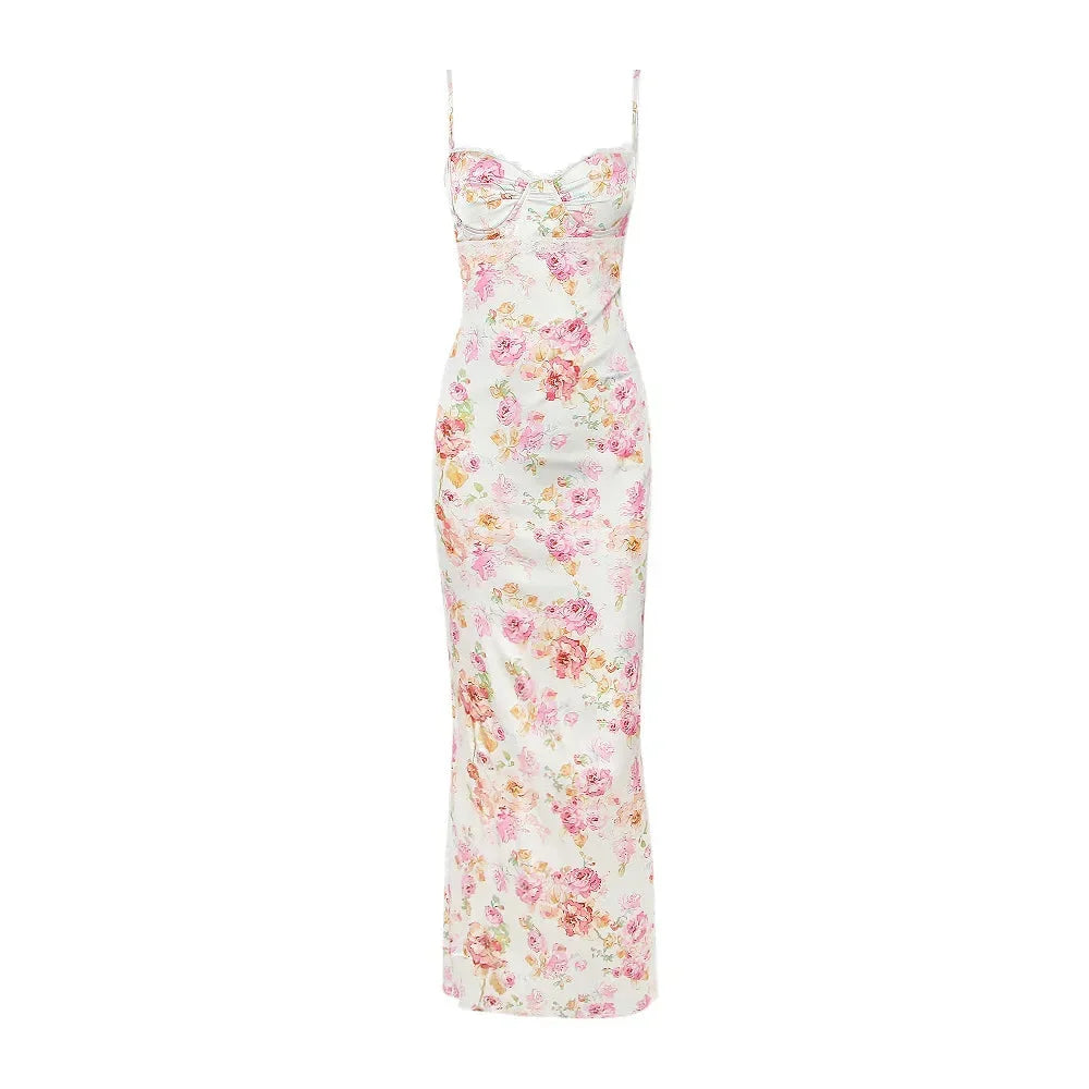 Yellow base floral print fitted maxi dress with a vibrant design, perfect for sunny days.