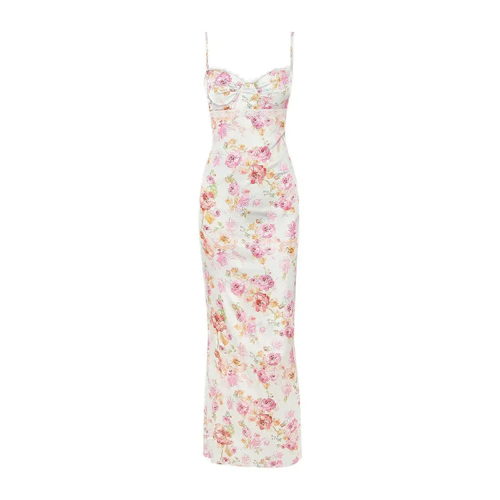 Yellow base floral print fitted maxi dress with a vibrant design, perfect for sunny days.