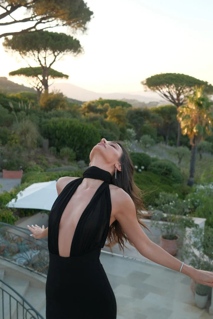 "Black floor-length halterneck dress with a sleek silhouette and intricate lace detailing"