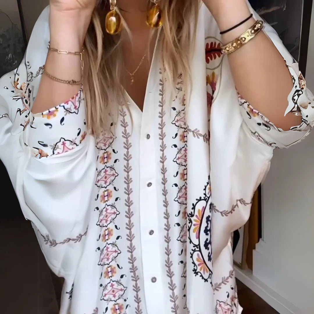 "Bohemian two-piece set in Jasper print, perfect for spring days - loose fit blouse and flowy skirt in lightweight cotton…