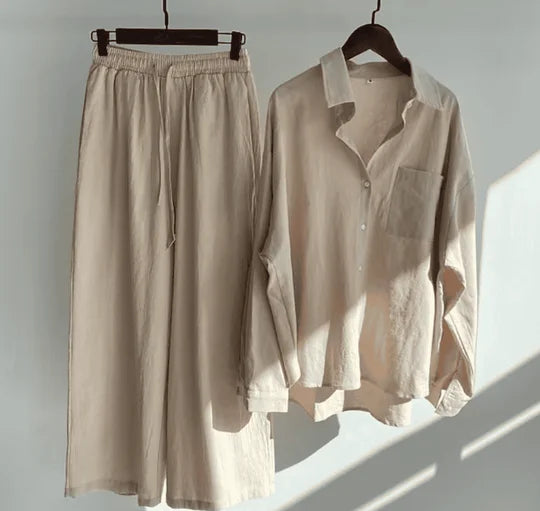 Beige linen set for women with a stylish and versatile design ideal for various occasions.