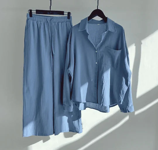 "Blue linen set for women with a stylish, versatile design for everyday wear"