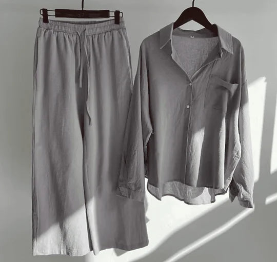Grey linen women's set with a stylish and versatile design for casual wear.