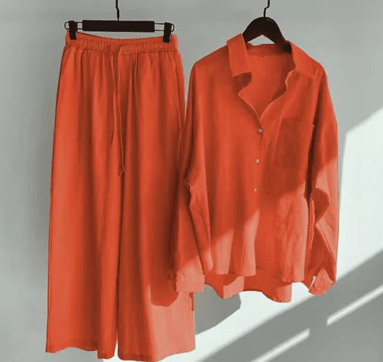 "Women's linen set in orange, Jaylee collection - sleek and versatile outfit made of high-quality linen fabric for a chic…