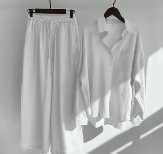 Stylish women's linen set in White with a versatile design for casual and formal occasions.