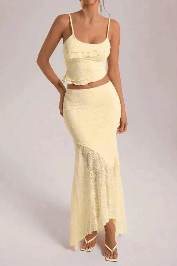 Cream lace crop top and skirt set for women - delicate floral lace design in a soft cream color, ideal for a chic and…