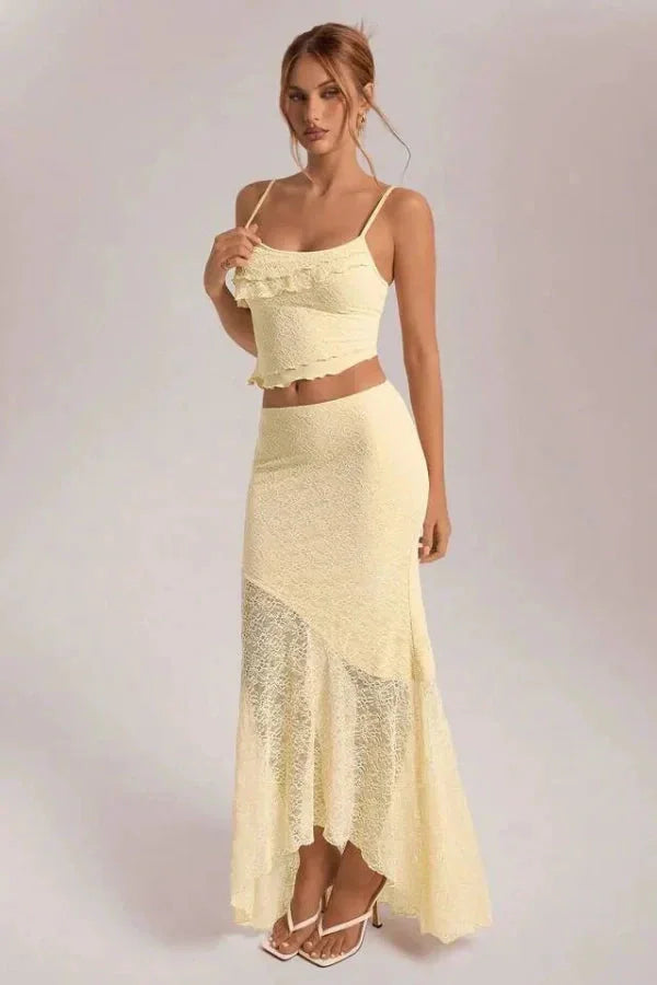 Cream lace crop top and skirt set in Apricot. Delicate lace details with a comfortable fit for women's summer style.