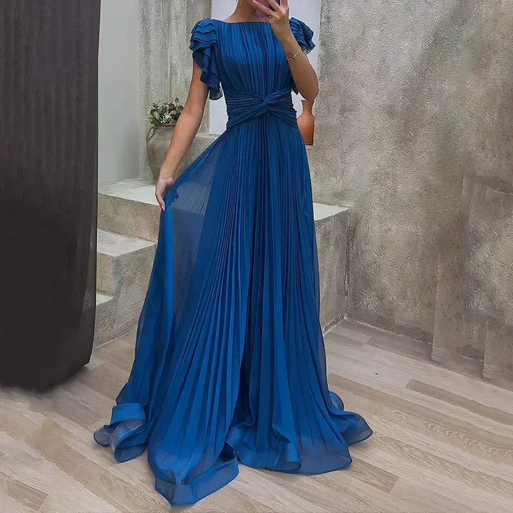 Blue pleated maxi dress with ruffled sleeves, elegant and flowy design, perfect for a special occasion or a casual outing.