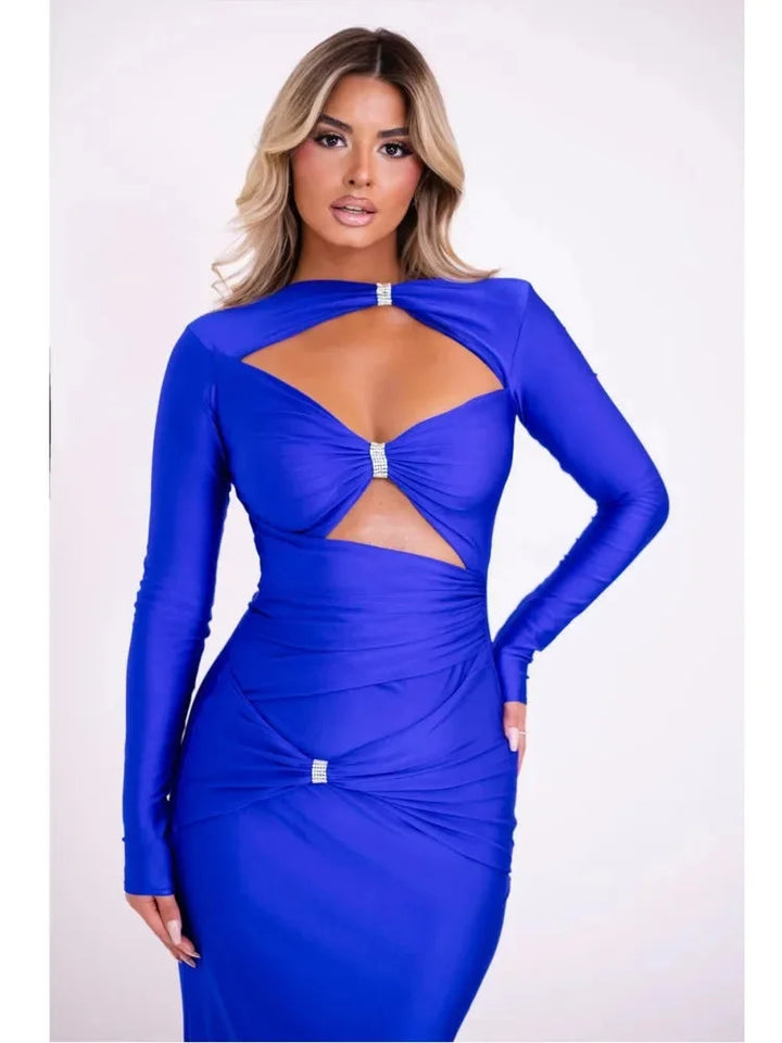 Blue dress with jewel accents and cut-out detailing, made from soft and breathable fabric.