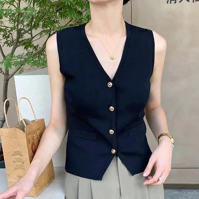 "Sleeveless vest in chic design with button accents, perfect for layering. Made from high-quality, breathable material."