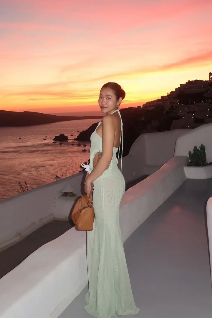 Mint Mermaid-Fit Maxi Dress Halter Neck in soft chiffon fabric, ideal for formal occasions and summer soirées.