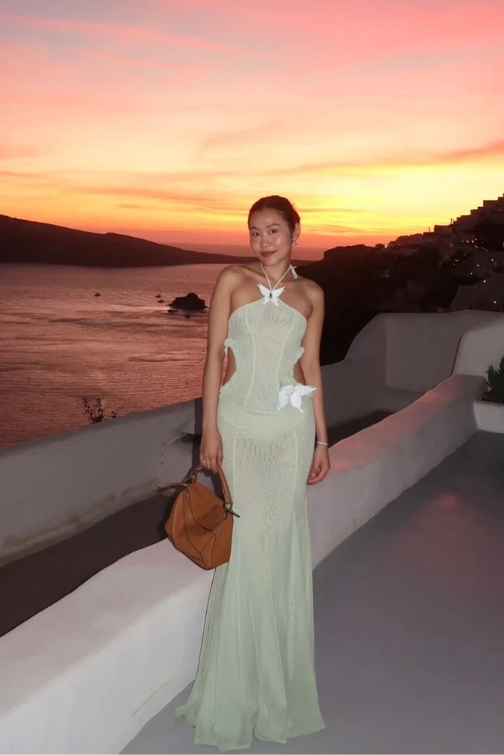 Mint Mermaid-Fit Maxi Dress Halter Neck in mint color, with jewel embellishments, perfect for a glamorous evening in a…