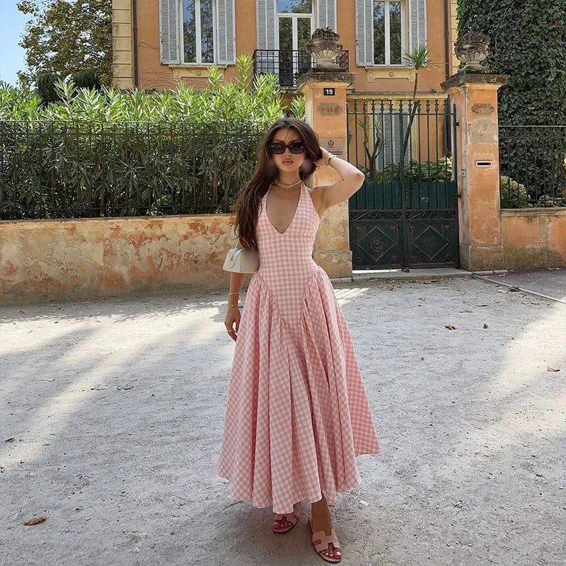 "Women's pink plaid midi dress with pockets, made of soft cotton blend fabric, perfect for casual and stylish everyday…