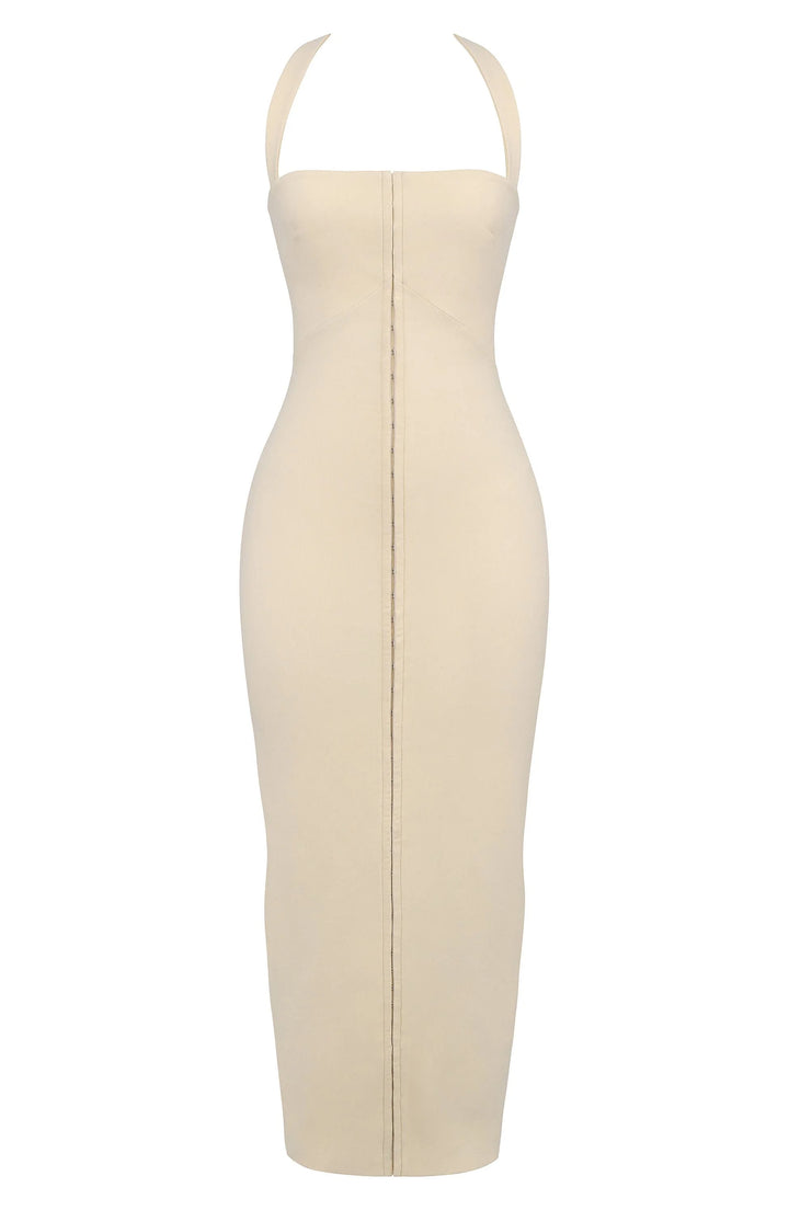 Sleek black sleeveless maxi dress with zipper, made of soft jersey fabric, perfect for a casual chic look.