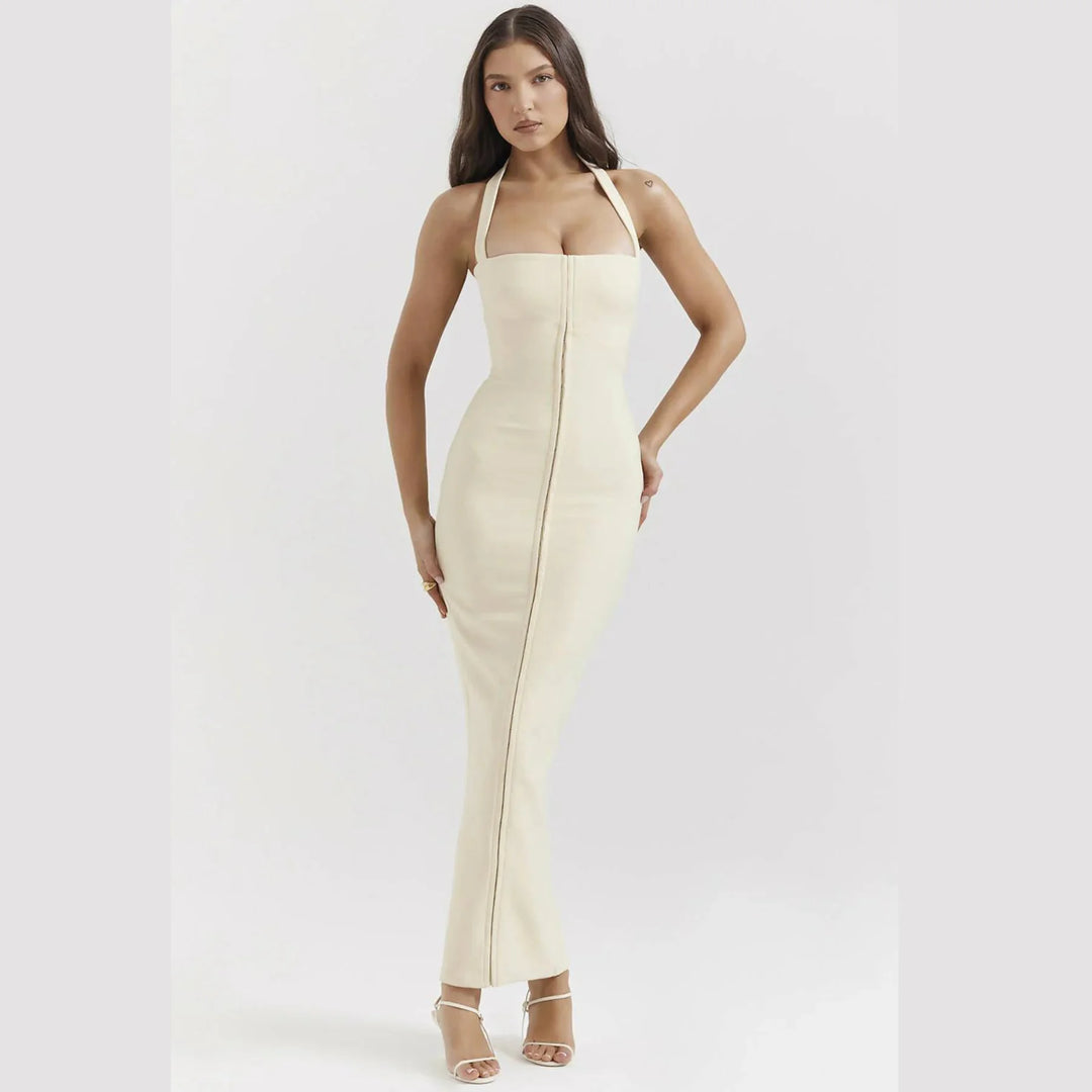 Ecru maxi dress featuring a sleek sleeveless design with a zipper detail, perfect for a casual yet stylish look.