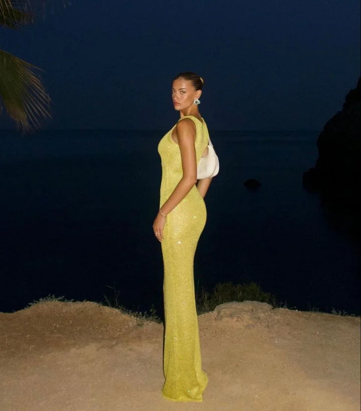 "Joey sleeveless maxi dress in sparkling fabric, perfect for evening events"