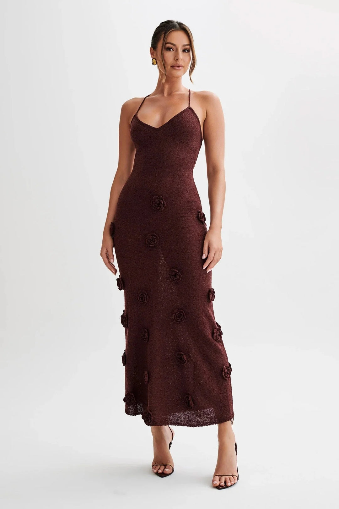 Wine Red maxi dress with floral embellishments - perfect for special occasions, featuring a flowing silhouette and intricate…