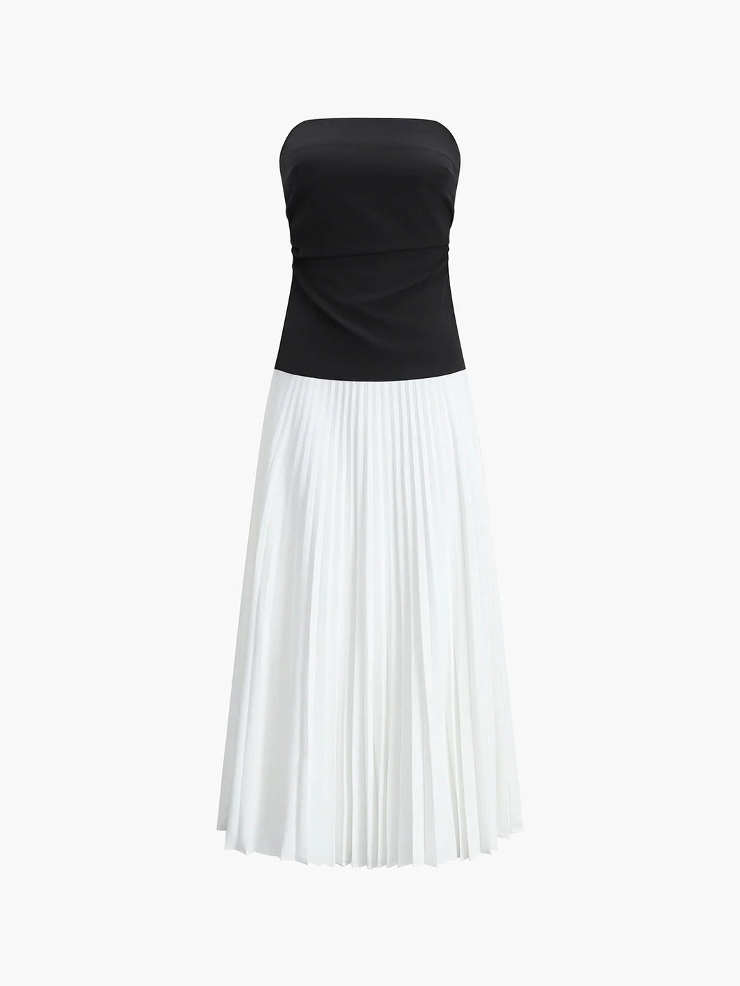 Strapless pleated maxi dress in two-tone with a unique design and flowy silhouette.