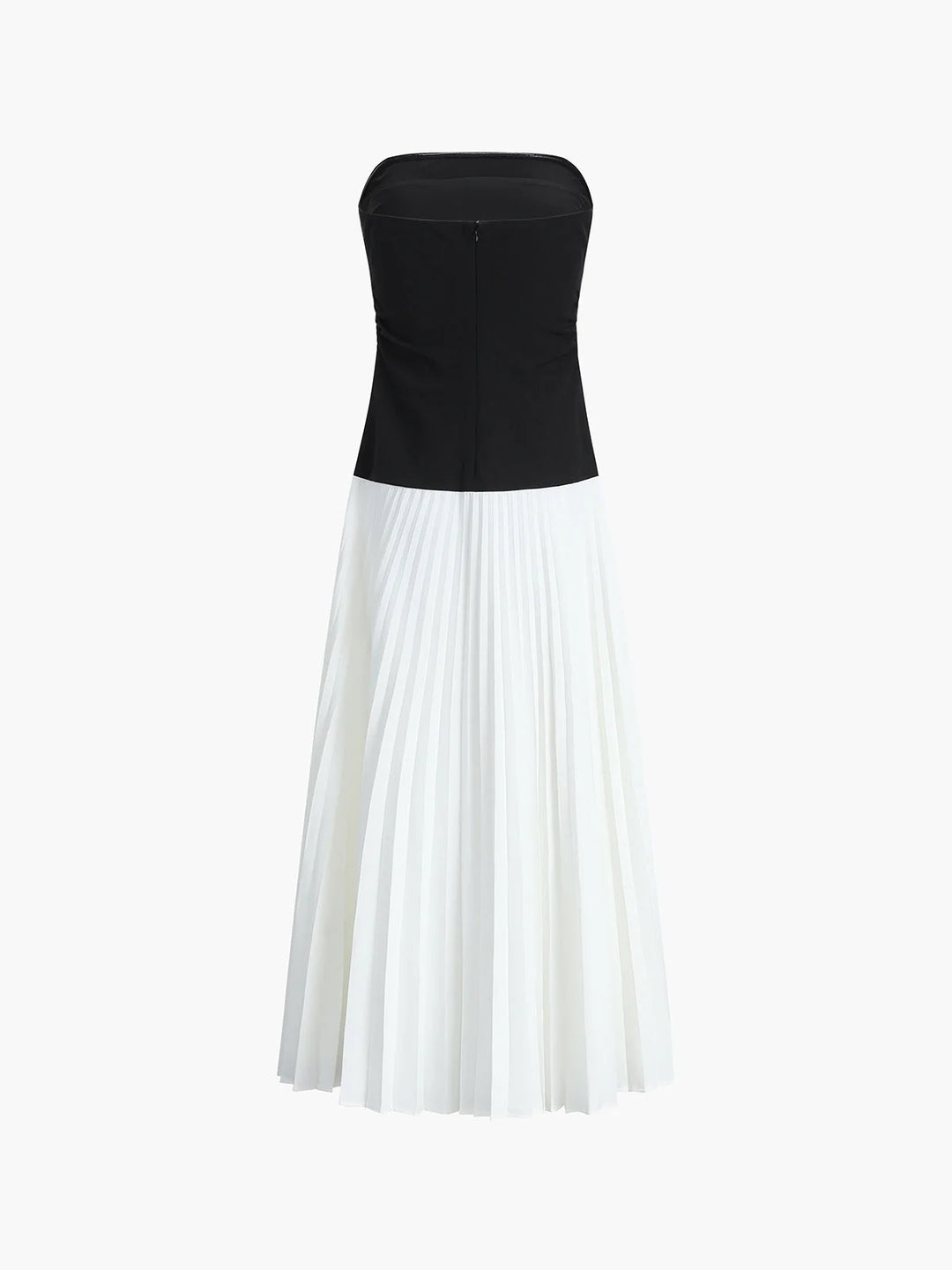 "Strapless pleated maxi dress in two-tone design, perfect for summer. Soft and flowy fabric for effortless style."