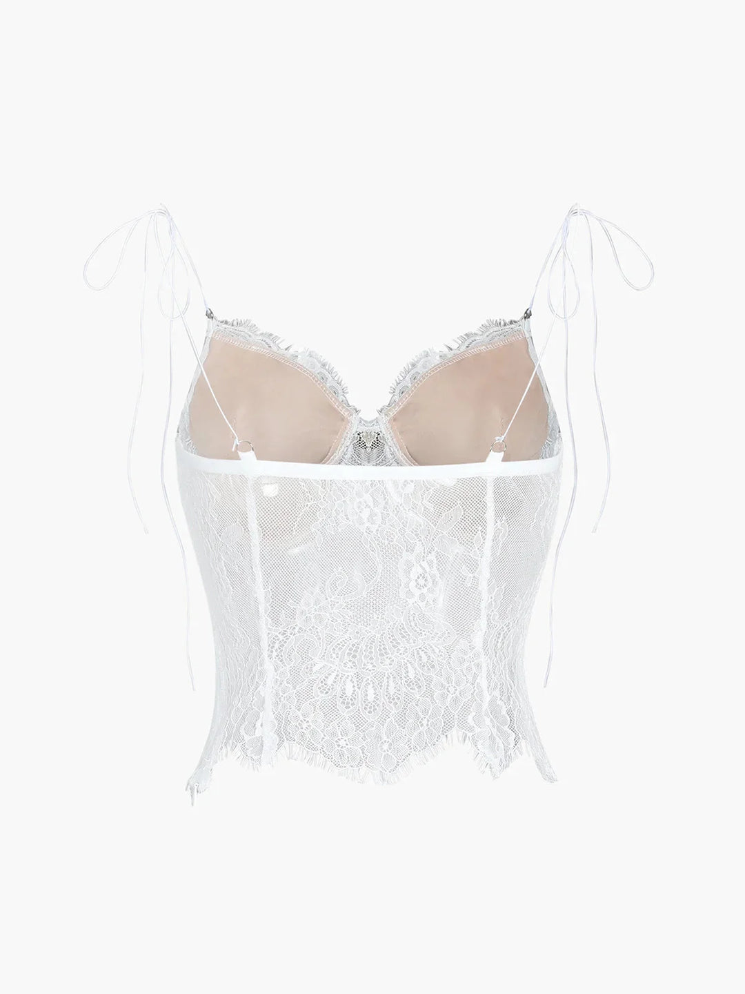 "Black lace camisole top with adjustable straps, intricate design."