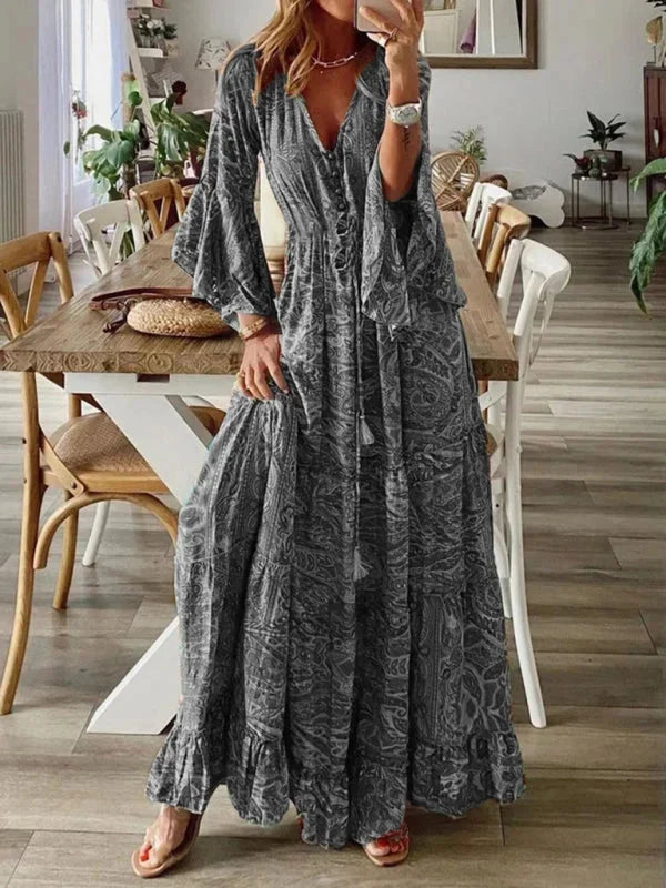 "Juliette Grey Bohemian dress with flared sleeves, detailed embroidered pattern, soft and flowy fabric, perfect for casual…