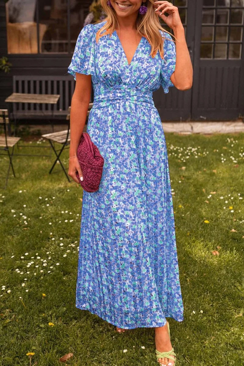 Blue Floral Maxi Dress for Women, crafted with airy chiffon fabric. Ideal for a casual yet stylish summer look.
