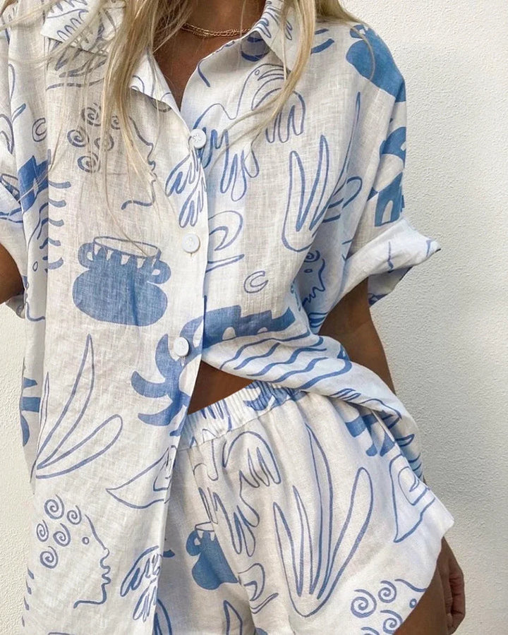 "Kaari white and blue patterned set made of soft cotton fabric with a unique geometric design."
