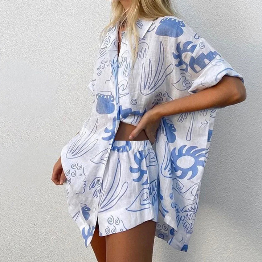 "Kaari - White and blue patterned set featuring intricate geometric design on soft cotton fabric"