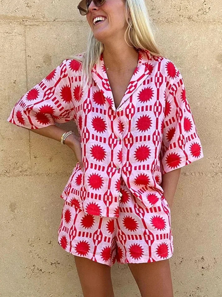 Pink short-sleeve shirt and shorts set in Colour by Kadence. Made of soft cotton blend with a stylish design perfect for…