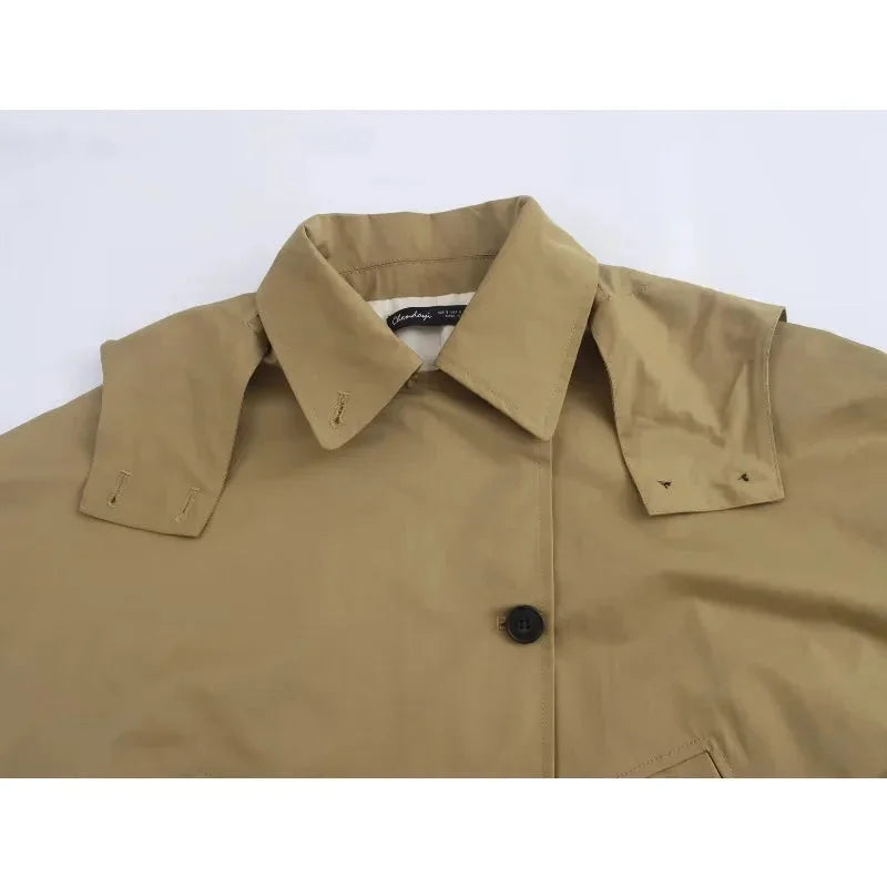 "Khaki drawstring jacket with adjustable fit, perfect for a casual and comfortable look."