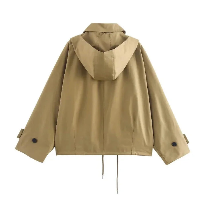 Khaki drawstring jacket with adjustable fit, ideal for casual chic styling.