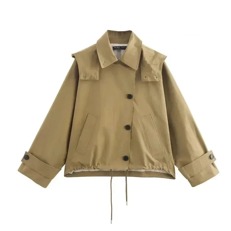 Khaki drawstring jacket with adjustable fit, featuring a trendy design perfect for casual wear.