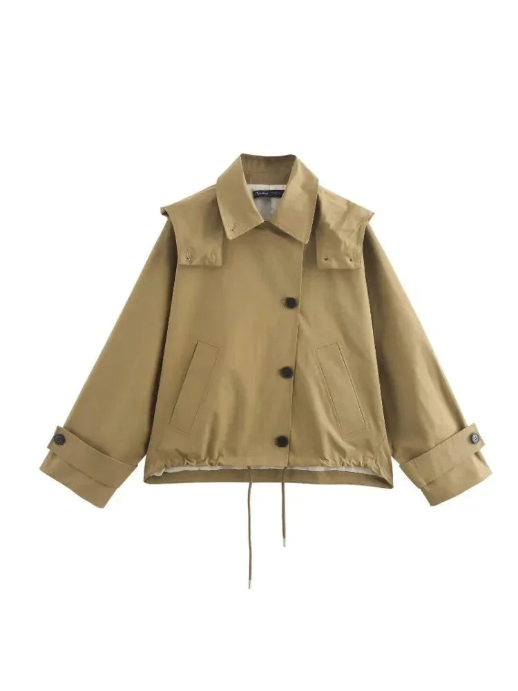 Khaki drawstring jacket with adjustable fit, made from durable fabric, featuring a stylish design perfect for everyday wear.
