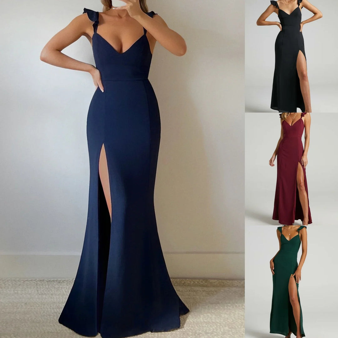 "Kamari maxi dress featuring thigh split and sleeve details, made from lightweight fabric in a flattering design."