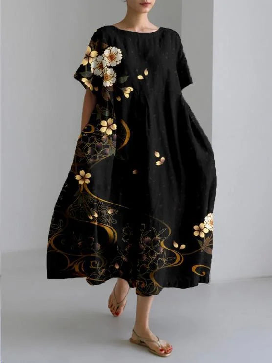 Black relaxed-fit dress with a delicate flower pattern design on lightweight, breathable fabric ideal for casual outings or…