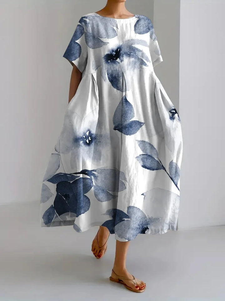 "Indigo flower pattern dress with relaxed fit design, perfect for casual wear, made from soft and comfortable material."