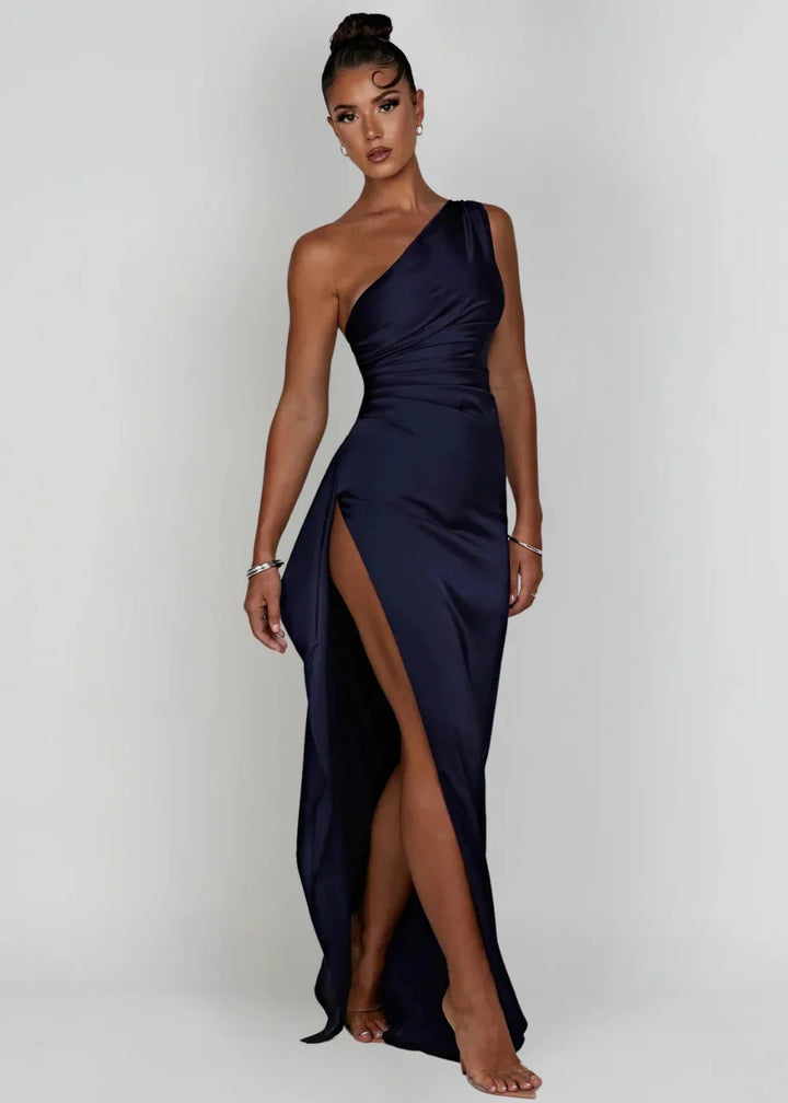 Blue satin dress with one-shoulder design and slit, elegant and chic option for evening wear.