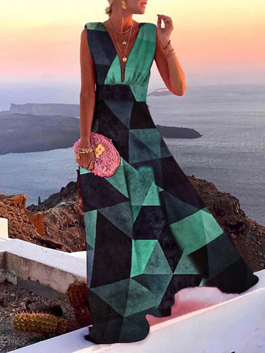 Green sleeveless dress with V-neckline, featuring a soft and breathable fabric perfect for casual wear or special occasions.