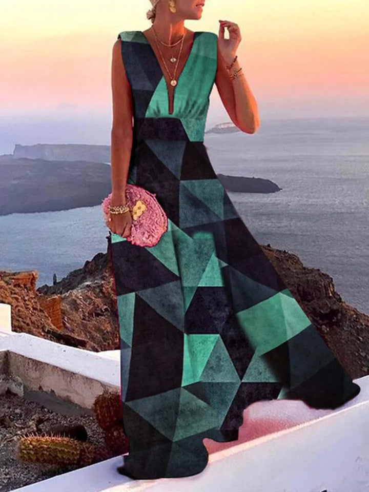 Green sleeveless dress with V-neckline, featuring a soft and breathable fabric perfect for casual wear or special occasions.
