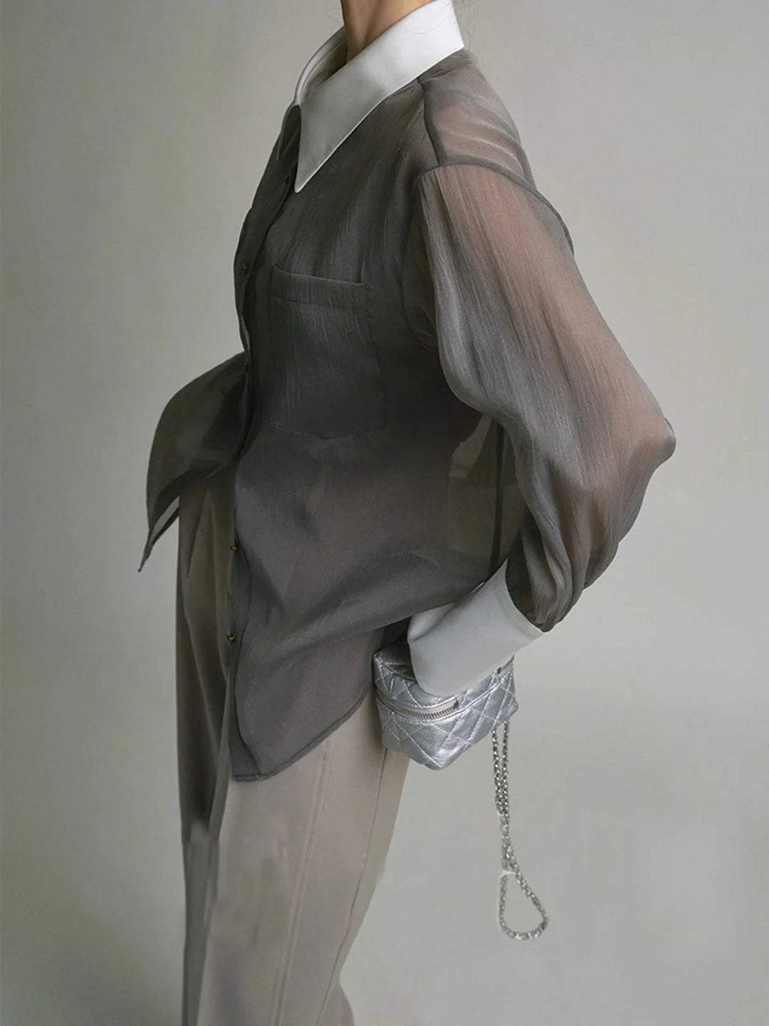Sheer button-up blouse with chic collar in a versatile design, perfect for casual elegance.