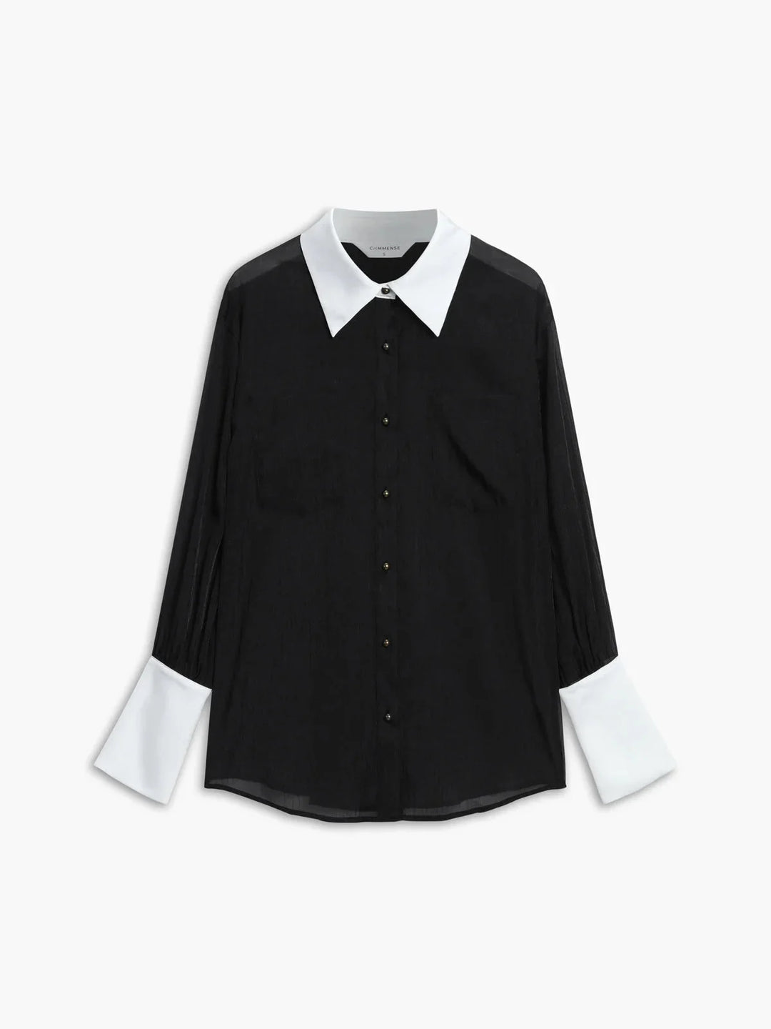Black sheer button-up blouse with chic collar, feminine design. Made from delicate fabric perfect for formal or casual wear.