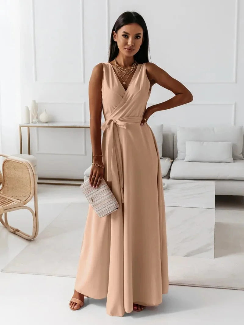 Khaki sleeveless V-neck pleated maxi dress with a comfortable and flowy design perfect for casual or formal occasions.