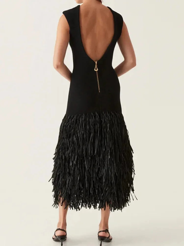 "Black dress with fringe detail, perfect for a night out. Made of high-quality fabric with a sleek design."