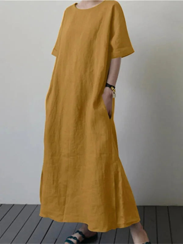 "Kayliana long dress in soft cotton blend with adjustable tie waist, draped design, and a sophisticated silhouette."