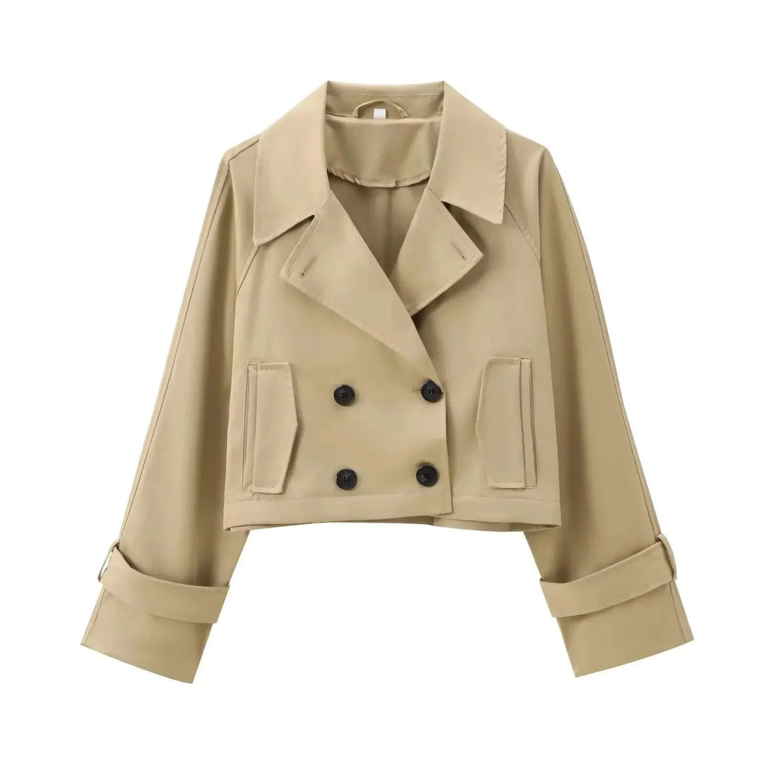 Dark Kaylin trenchcoat with cropped fit, stylish button detailing, perfect for a chic and polished look.
