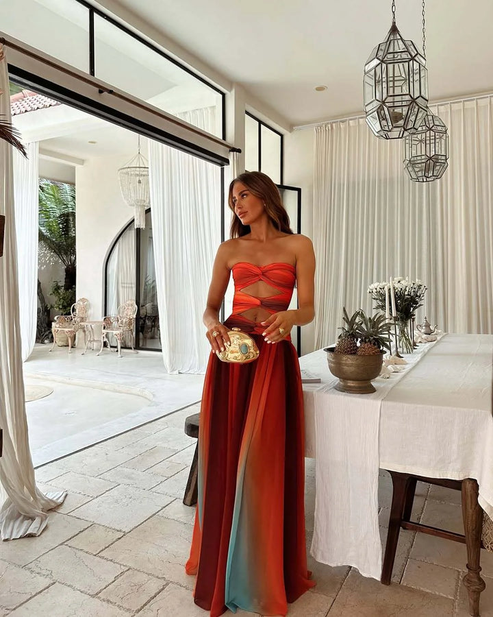 Strapless maxi dress in bold color block design, made with soft, breathable fabric for a standout look.